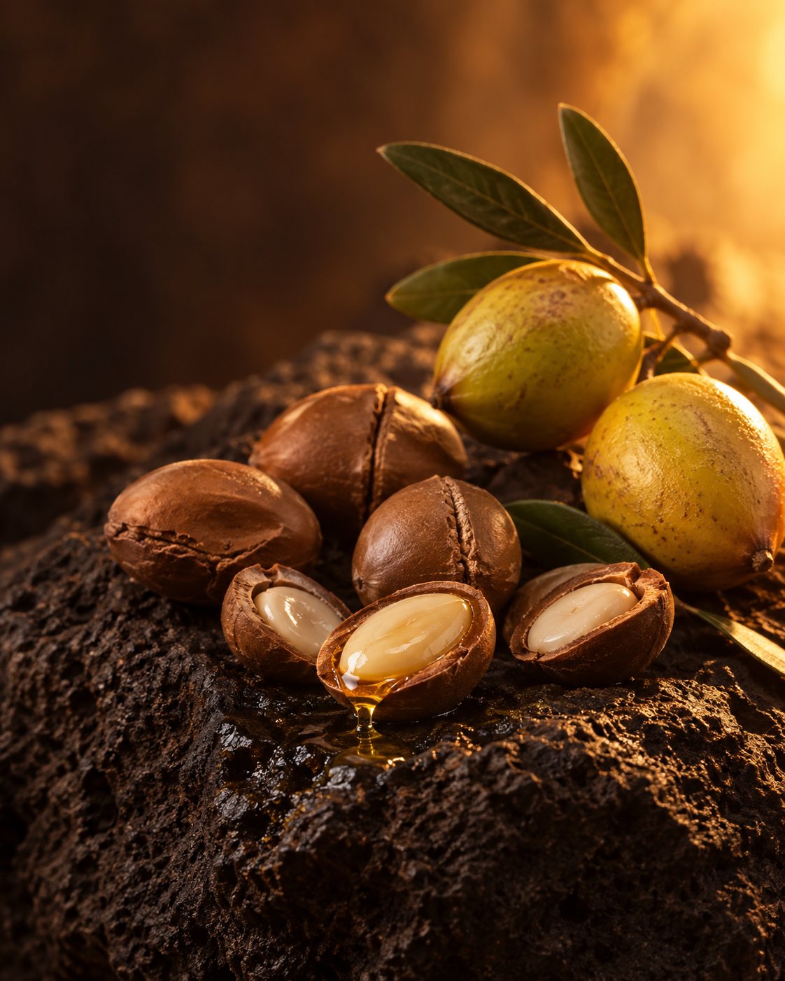 Argan nuts, cracked kernels and argan fruits on dark stone