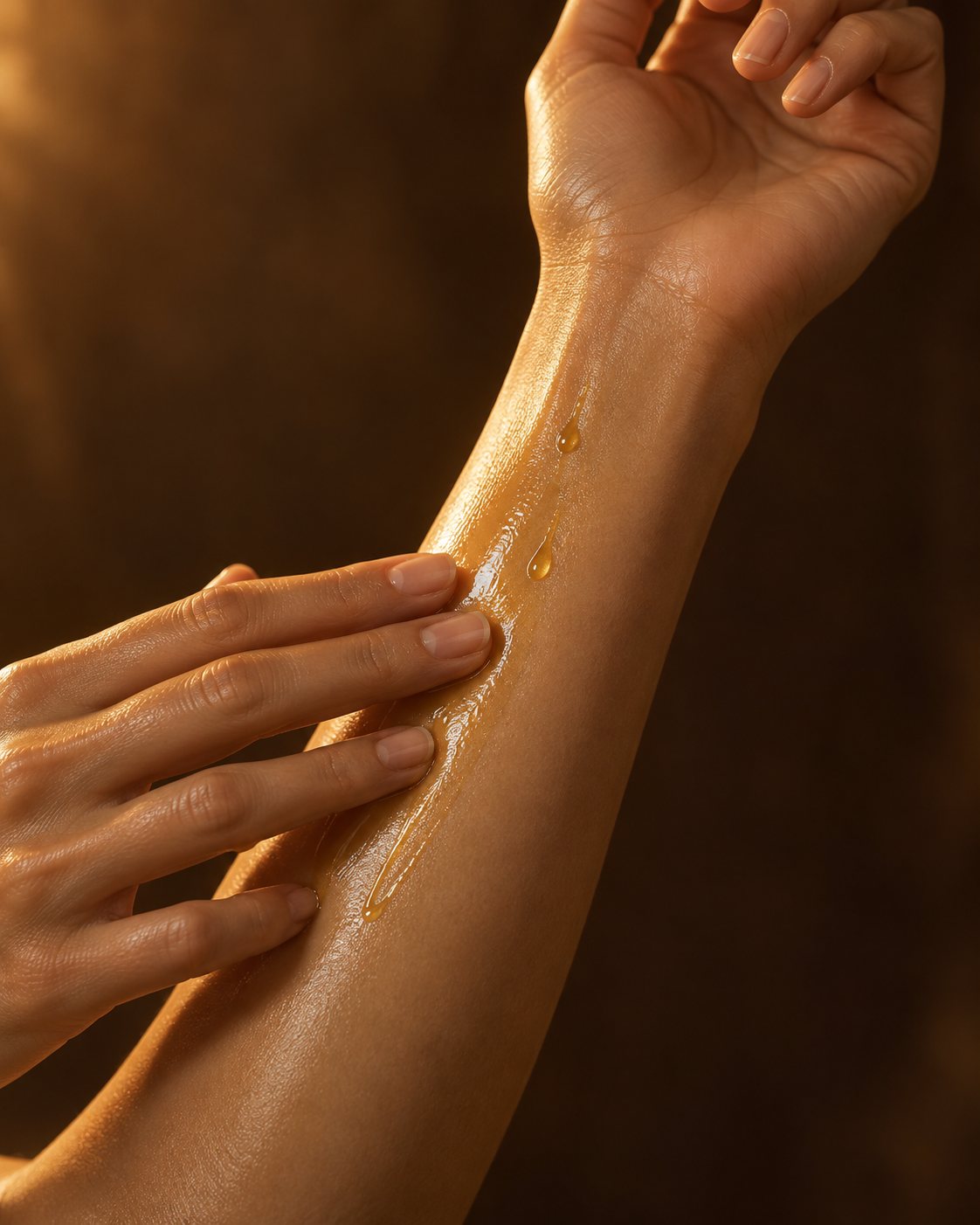 A few drops of golden oil spread on the inner arm