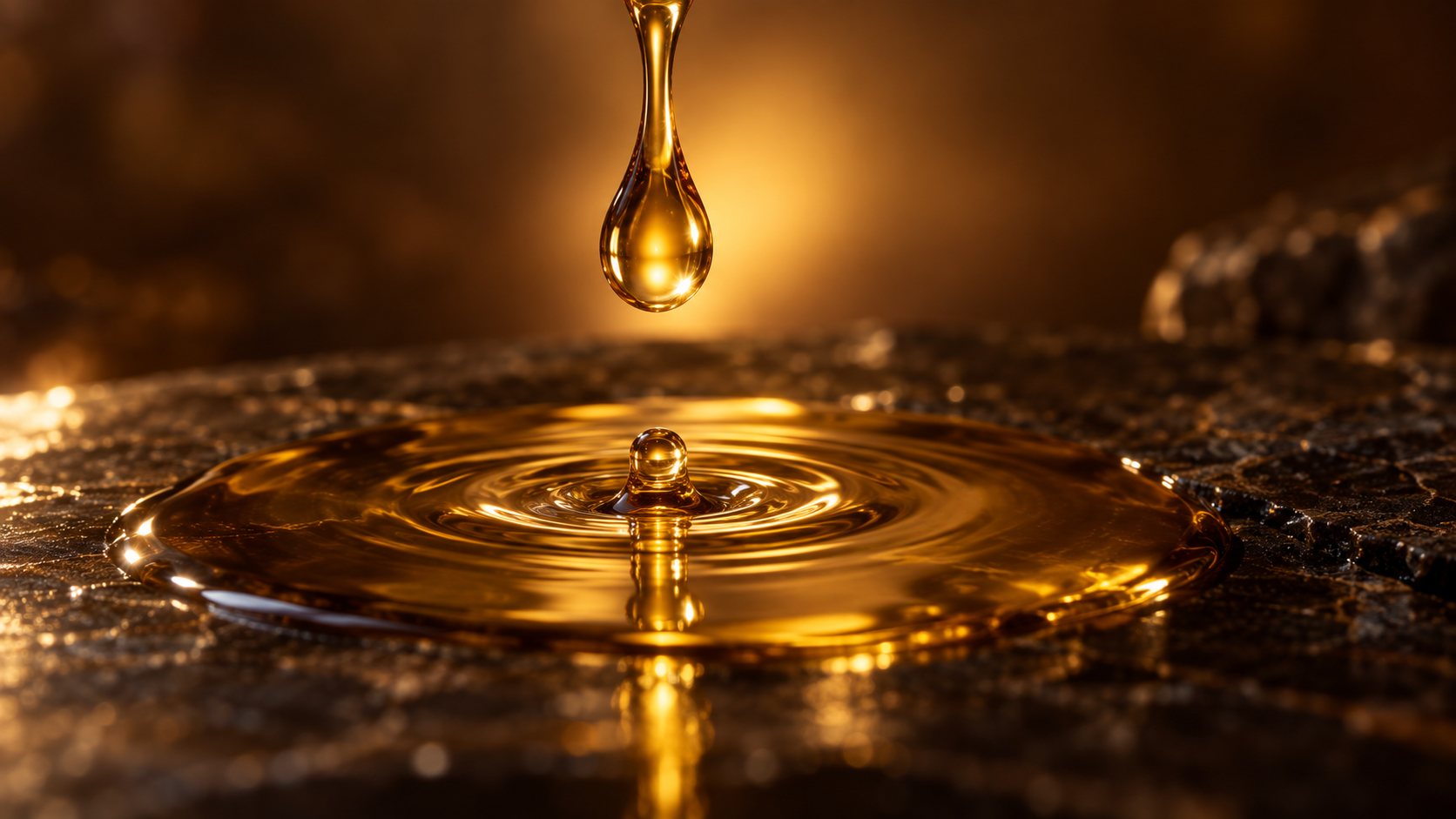 A golden drop of argan oil falling into a pool of oil on stone