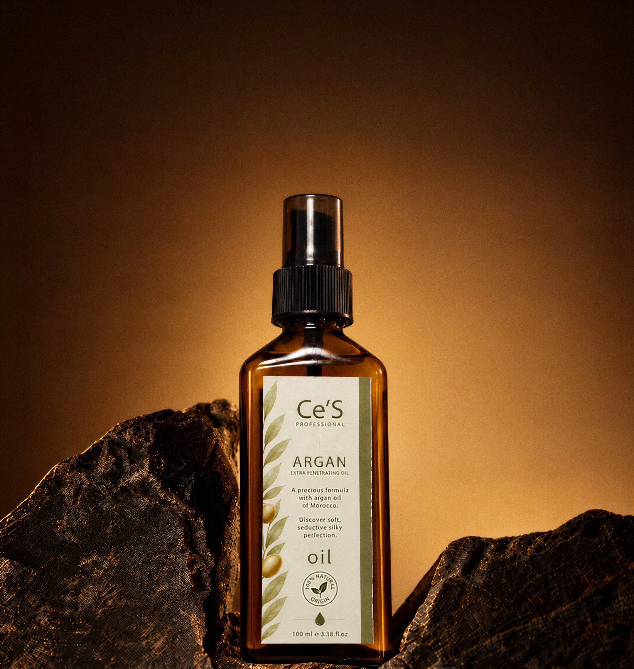 Ce'S Professional Argan Extra Penetrating Oil, 100 ml amber glass bottle on rocks